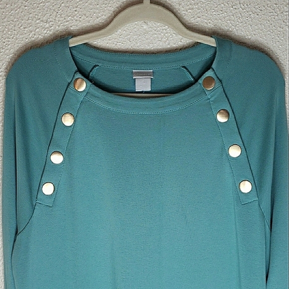 Chico's Teal Tunic Sweatshirt Prima Cotton Scoop Neck Gold Button Trim Size 2X - Picture 3 of 12